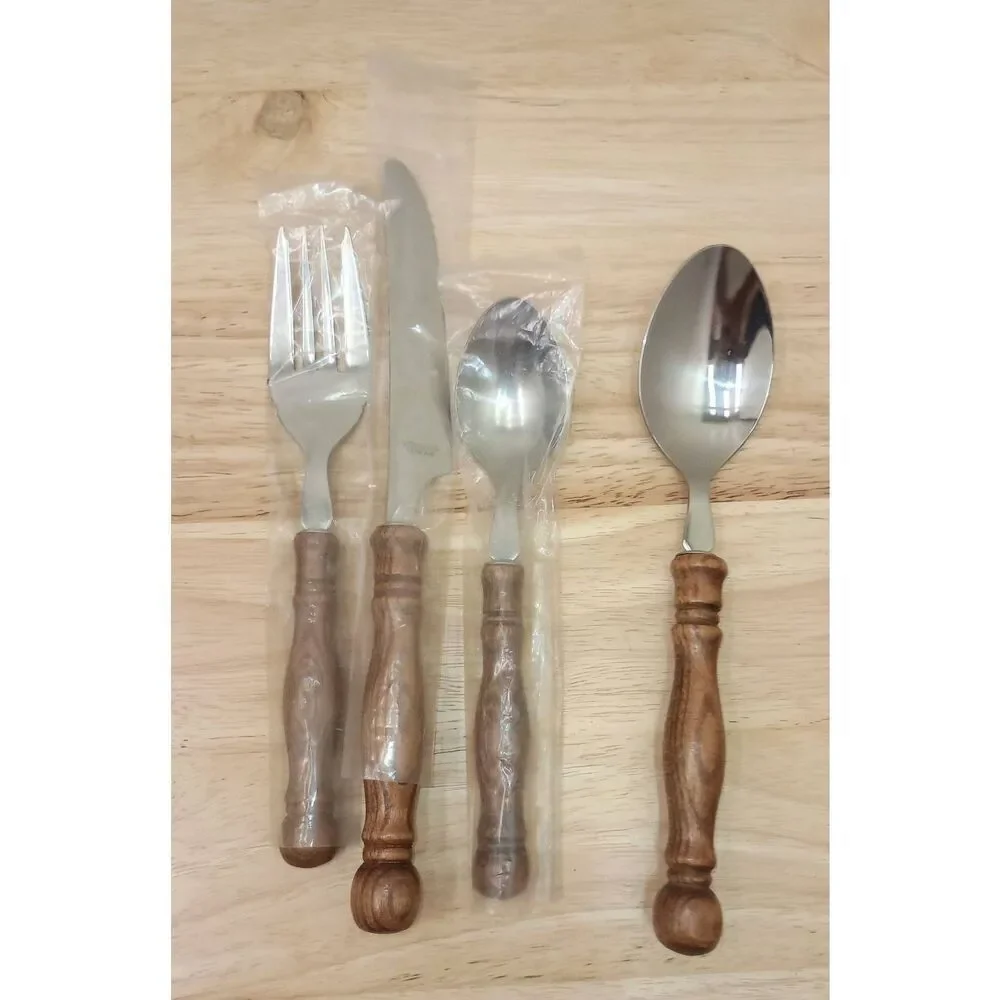 New old stock, vintage, MCM, wood handled flatware-silverware  set .Old Homestea